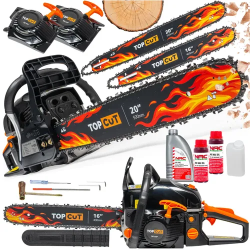 TOP CUT Benzin Kettensäge Motorsäge 5,7 PS | 58 ccm | 2 Schwerter 40 & 50 cm | 2 Ketten | Easy Start Seilzug | Antivibration Zubehör Set TC-CS58