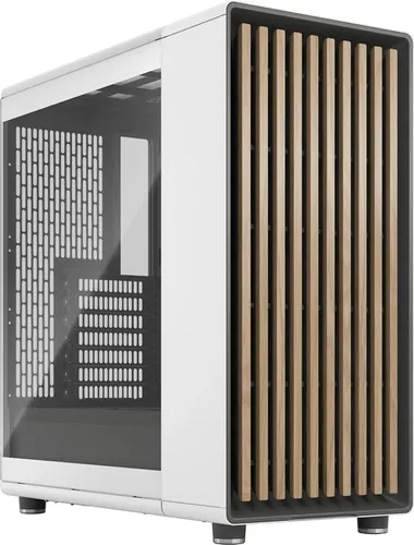 Fractal Design North Chalk White TG - Elegantes PC-Gehäuse mit echtem Eichenholz-Front, unterstützt ATX/mATX/ITX, inkl. zwei 140 mm PWM Lüfter und Glas-Seitenteil