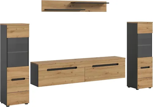 xonox Wohnzimmer Canu 4-tlg. Wohnkombination - TV-Möbel & Schrankwände, moderne Wohnwand mit 8 Regalfächern und 4 Türen, ideal für stilvolle Wohnzimmergestaltung.