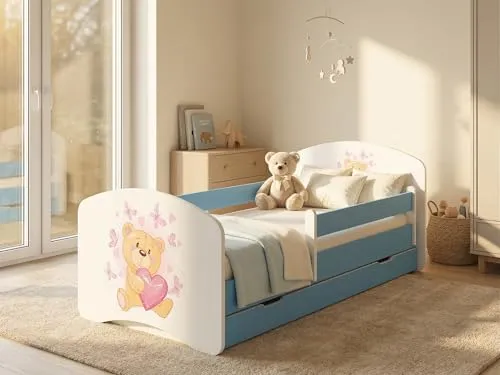 Juniorbett 144x82 cm Happy inkl. Bettkasten | Kinderbett mit Rausfallschutz in Blau