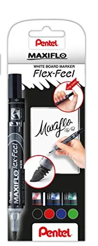 Pentel MWL5SBF-4Maxiflo Flexfeel Whiteboardmarker mit flexibler Spitze, 4er Set, sortiert flexible Spitze, schwarz/rot/blau/grün