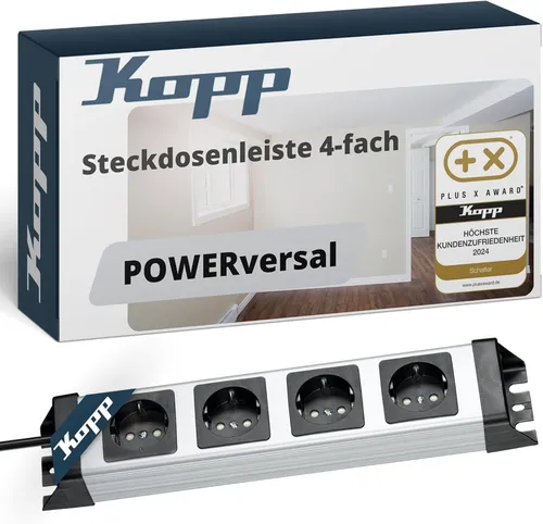 Kopp Steckdosenleiste POWERversal - 4-fach, silber, schlagfest und ideal für große Netzteile mit erhöhtem Berührungsschutz