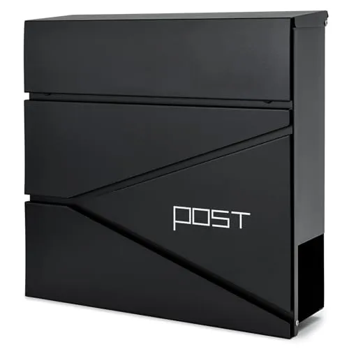 Verda Briefkasten mit Zeitungsfach, Postkasten Designer Wandbriefkasten mit Edelstahl, Schloss unter dem Deckel versteckt, 2X Schlüssel Zeitungsrolle, modern, Schwarz (SN3696-2)