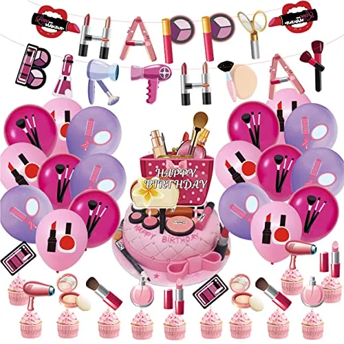 Spa Geburtstagsparty Zubehör, Makeup Geburtstags Party Dekorationsset mit Makeup Happy Birthday Banner, Spa Party Luftballons, Spa Makeup Kuchenaufsatz, Cupcake Aufsatz für Mädchen und Frauen