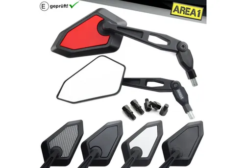 Area1 Motorradspiegel Set - E-geprüft mit 5 Adaptern - Hochwertiges Motorradspiegel Set von Area1 mit sportlichem Design und CNC-gefrästen Aussparungen. Ideal zur optischen Aufwertung, inkl. 5 Adapter für 95% aller Motorräder und Motorroller.