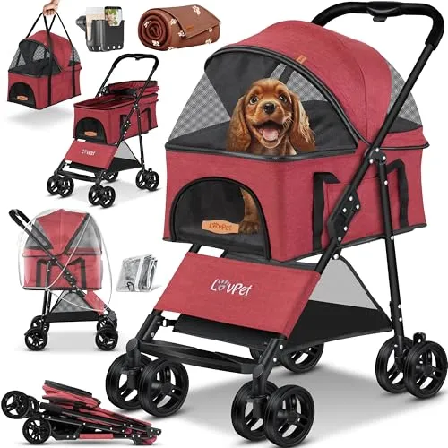 LOVPET® Hundewagen 2in1 Hundebuggy Hundebox Tragetasche Faltbar klappbar bis 20kg, mit 360°Drehrädern Inkl. Netzfenstern Getränkehalter, Regenschutzabdeckung & Kuscheldecke, Jogger Buggy für Haustiere