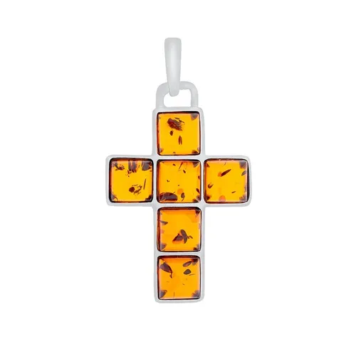 S&A Jewellery Design Kreuzanhänger aus 925 Silber mit Bernstein - Eleganter Kettenanhänger aus 925 Sterling Silber mit 6 Cognac-farbenen Bernsteinen, ideal für Damen, die einzigartigen Silberschmuck schätzen.