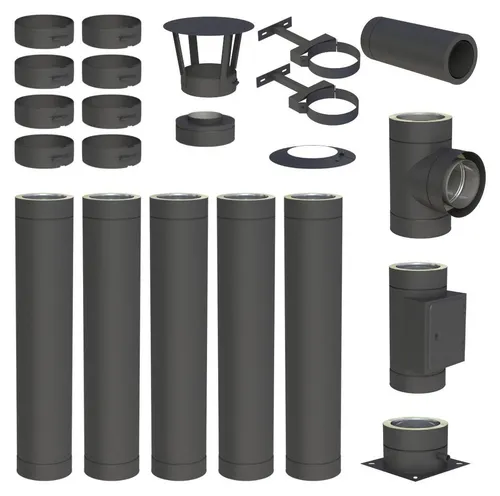 5,7 m Edelstahlschornstein Ø 130 mm Komplettset doppelwandig DW-Black - Vielseitiges 5,7 m Komplettset für doppelwandige Edelstahlschornsteine, ideal für verschiedene Brennstoffe. Robuste Edelstahlkonstruktion mit 25 mm Dämmung für hohe Temperaturbeständigkeit und zuverlässige Nutzung.