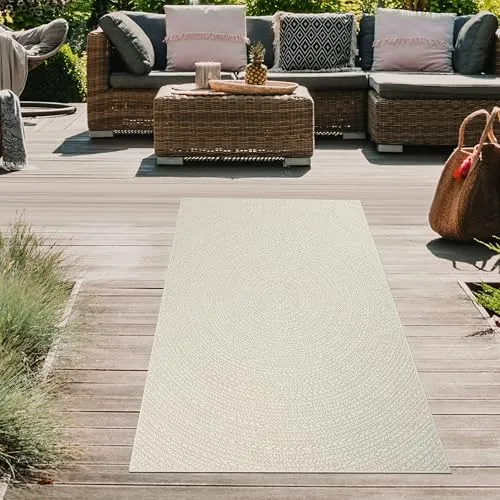 Teppich-Traum Teppich Outdoorteppich Läufer klein Kleiner Balkon Terrasse Wintergarten wetterfest Indoor Jute Look Linienmuster in Kreisform Creme, 80 x 150 cm