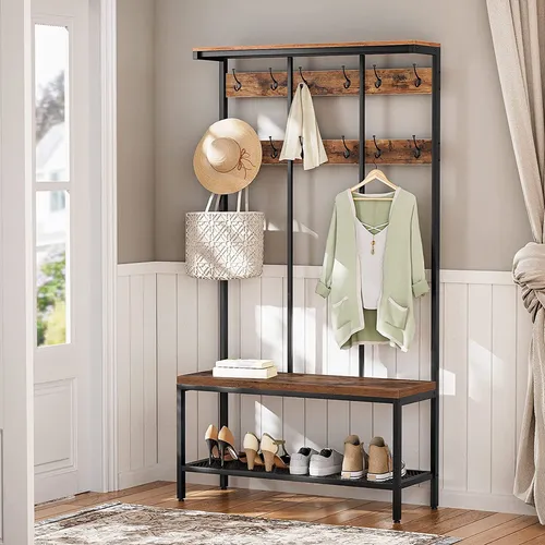 HOOBRO Garderobenständer mit 12 Haken - Stabiler Garderobenständer im industriellen Stil mit 12 Haken und 3 Aufbewahrungsboxen, ideal für Eingangsbereich, Wohnzimmer oder Schlafzimmer.