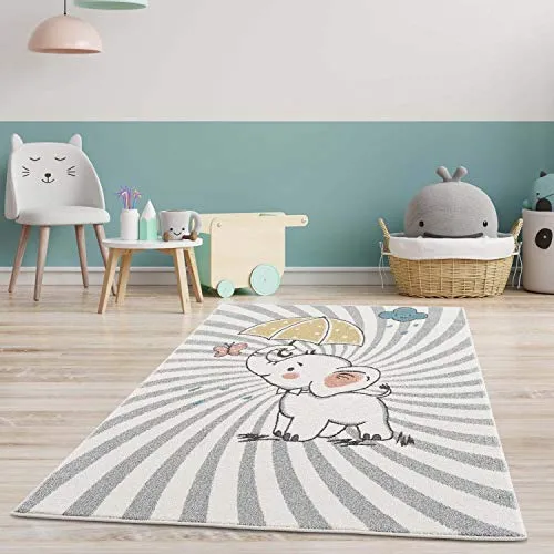 carpet city Kinderteppich Läufer - Tier-Motiv Baby-Elefant 80x150 cm Creme Multi - Kinderzimmer Teppich Modern
