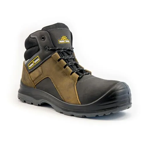 WORKPOWER – Sicherheitsstiefel S3 Maurice für Herren – Sicherheitsschuhe mit metallfreiem Durchtrittschutz & Kunststoffkappe – verfügbar in den Größen 42 (Grau/Braun)