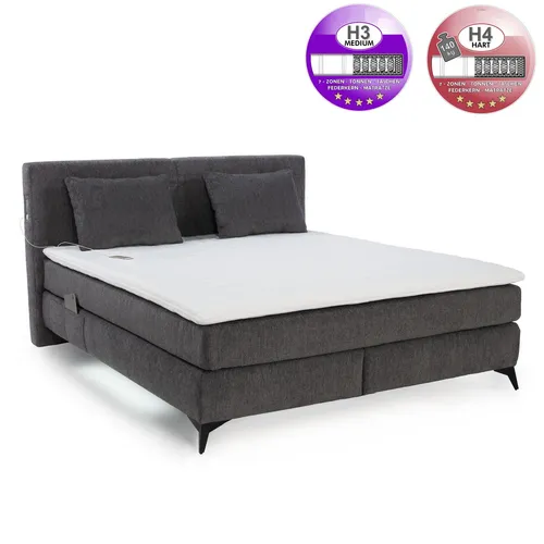 Boxspringbett 180x200 cm mit H3+H4 Matratzen und Topper in Dunkelgrau - Modernes Boxspringbett 180x200 cm mit 2x 7-Zonen-Tonnentaschen-Federkernmatratzen H3+H4 und Kaltschaumtopper. Inkl. stimmungsvoller LED-Beleuchtung und praktischen USB-Ladeports für höchsten Komfort.