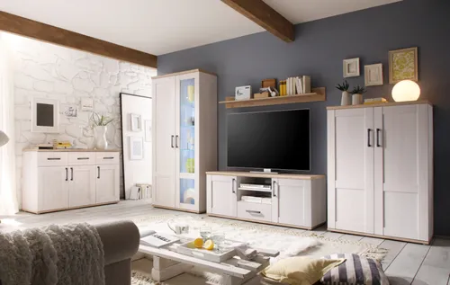 Wohnwand Elegance im Landhausstil - Stilvolle Wohnwand im Landhausstil mit LED-Beleuchtung, bestehend aus Vitrine, Lowboard und Wandboard, ideal für ein gemütliches Wohnzimmer.