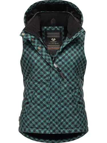 Ragwear Damen ärmellose Outdoorweste Hesty Print - Wasserdicht & Atmungsaktiv - Funktionsjacken mit abnehmbarer Kapuze, modischem Hahnentritt-Muster und optimalem Tragekomfort für kalte Wintertage.
