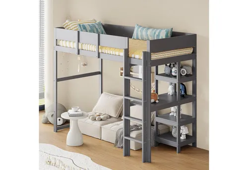 Odikalo Kinderbett Hochbett Massivholz Leiter Ablage Bücherregal 90x200cm Lattenrost Grau
