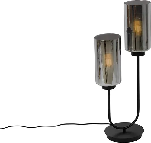 Produktbild Qazqa Art Deco Tischlampe schwarz mit Rauchglas – 2-flammig für stilvolle Räume