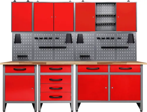 ONDIS24 Werkstatt-Set Bastler - Höhenverstellbare Hobbywerkbank mit 7 Schubladen und 8 Türen, ideal für kreative Bastler. Maximale Belastbarkeit von 1250 kg und inklusive umfangreichem Hakenset.