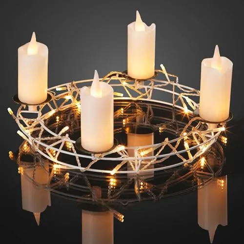 hellum LED Wachskerzen mit Metallkranz Deko zum Hängen und Stellen Ø35x20cm, 4 weiße LED Kerzen warmweiß, Metallkranz für Kerzen mit Lichterkette, Adventskranz modern weiß indoor mit Trafo 152661