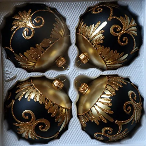 Matte Schwarze Weihnachtskugeln aus Glas mit goldenen Glitzerapplikationen - Durchmesser 10 cm 4er Set