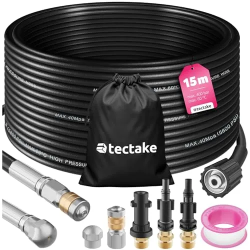 tectake Rohrreinigungsschlauch 15m - 8-teiliges Set mit 2 Düsen und 3 Adaptern, ideal für effektive Abflussreinigung mit Hochdruckreinigern