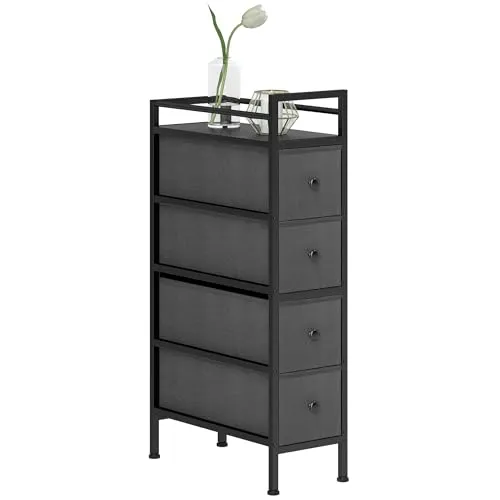 HOMCOM Kommode Schrank mit 4 Schubladen aus Vliesstoff Schmal Aufbewahrungsschrank Schubladenschrank mit Stahlrahmen, Modern Sideboard für Schlafzimmer, Wohnzimmer Schwarz