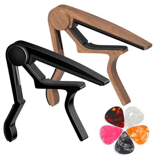 Gitarrenkapodaster für Akustik-, Klassik-, E-Gitarren, Ukulele, Mandoline, Banjo und andere Saitenmusikinstrumente, Schnellverschluss, Memory-Silikon-Pad, summfrei (Schwarz & Holz)