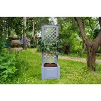 KHW Pflanzkasten klein mit Spalier Grau - Pflanzkübel mit Rankgitter, ideal für farbenfrohe Kletterpflanzen und bietet Sicht- und Windschutz. Leichte Montage und vielseitig kombinierbar, aus UV-beständigem Kunststoff.