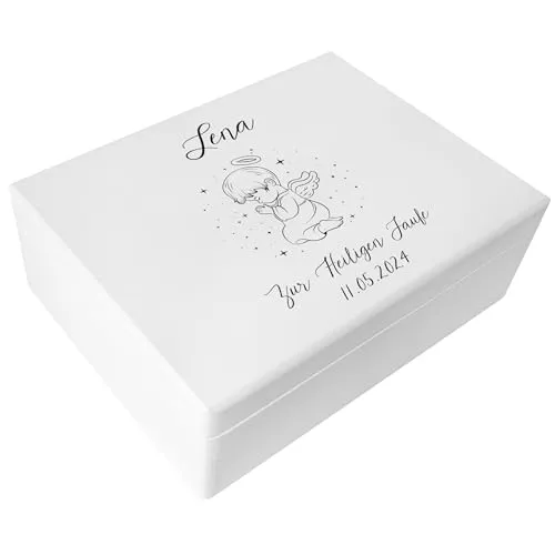 Creative Deco Weiß Personalisiert zur Taufe Geschenk für Mädchen und Junge | Engel Motiv | Holzkiste Erinnerungsbox Deko | Individuelles Geschenk Spielzeugkiste Holzbox mit Deckel | Spardose