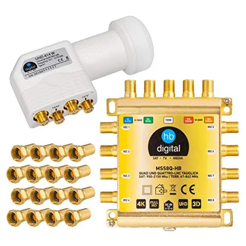 HB-DIGITAL DVB-S/S2 Multischalter 5/8 + Quattro LNB UHD 414 W weiß + 24 F-Stecker vergoldet | Multiswitch Verteiler für 1 SAT, 8 Teilnehmer | Quad fähig | inkl. Netzteil | MS58Q-HB | FullHD 4K UHD