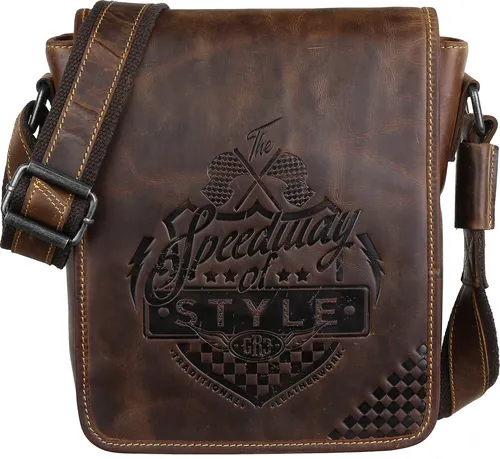 Greenburry Hickory Umhängetasche Leder 22 cm - Stilvolle Messenger-Bag aus Vintage Leder mit Racing-Prägung, ideal für A5-Unterlagen und ausgestattet mit mehreren Fächern für optimale Organisation.