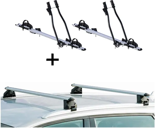 Fahrradträger Set für Kia Ceed Kombi 07-12: SAGITTAR + CRV120A - Fahrradträger Set für Kia Ceed SW 07-12, inkl. 2x Hochwertige Fahrradträger und Relingträger für einfachen und sicheren Transport von bis zu 2 Fahrrädern auf dem Dach.