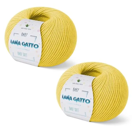 Wolle zum Stricken oder Häkeln 100% Merinowolle Extrafine von Lana Gatto. Baby Soft Linie Kinder, Neugeborene natürlich mit Aloe Vera (2, Gelb - 8437)