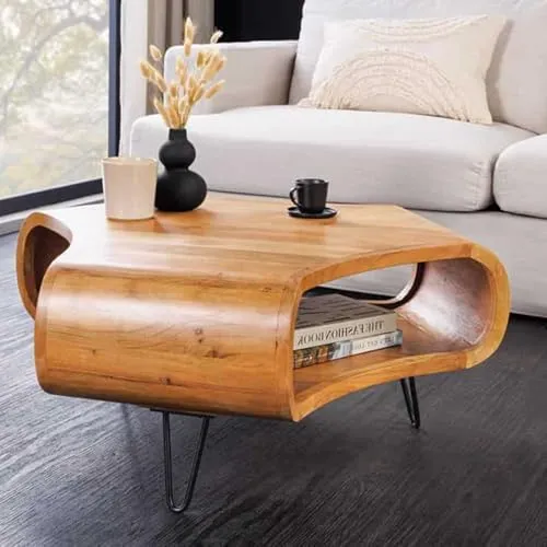 LEBENSwohnART Design Couchtisch LIVE-RANIC 90cm braun Akazienholz mit Stauraum Metallbeine Massivholz