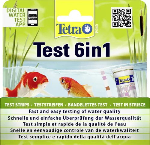 Tetra Pond Test 6in1 - Wassertest für den Teich, einfache Überprüfung der Wasserqualität mit 25 Teststreifen und Smartphone-App Unterstützung