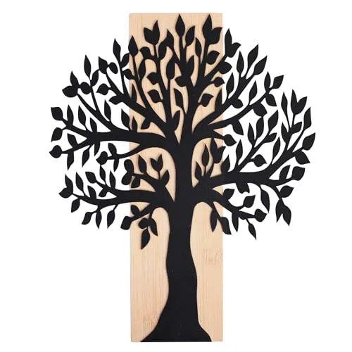 UNUS Wanddeko Metallbaum auf Bambusbrett 35 x 28 cm dekorativer Baum des Lebens in Schwarz für Wohnzimmer, Flur und mehr