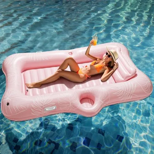 HeySplash Aufblasbar Pool Luftmatratze, Groß Pool Wasserhängematte Boot Erwachsene mit Becherhalter & Abnehmbar Kissen, Solarium Pool Loungesessel Float für See Fluss Sommer Wasser Party, Rosa Blatt