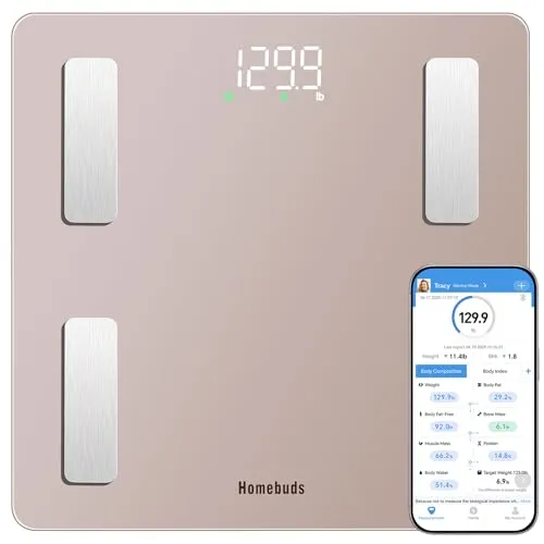 Homebud Waage Personen, Hohe Präzision Zugesichert Durch Professionelle Personenwaage Digital Fabrik seit 2001, App-Synchronisierung 13 Körperzusammensetzung, 182kg in 0,05kg, LED, Roségold