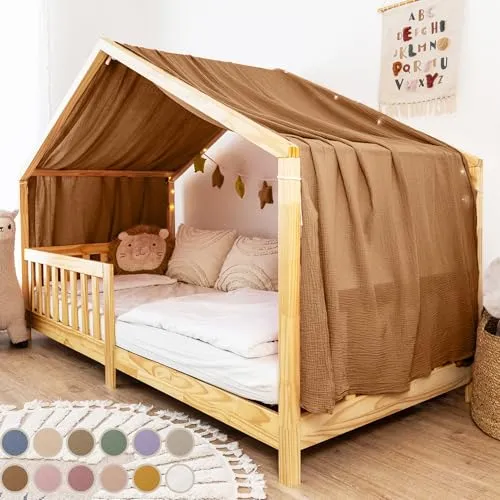 lilimaus Hausbett Himmel - 12 Farben verfügbar - Baby Betthimmel aus 100% Musselin Baumwolle, atmungsaktiv und waschbar. Verwandelt das Hausbett in eine gemütliche Kuschelecke für Kinder.