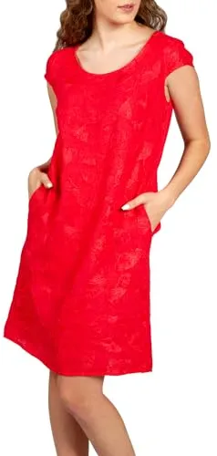 Caspar SKL031 knielanges Damen Sommer Leinenkleid mit Ginko Blatt Stickmuster, Farbe:rot, Größe:L - DE40 UK12 IT44 ES42 US10