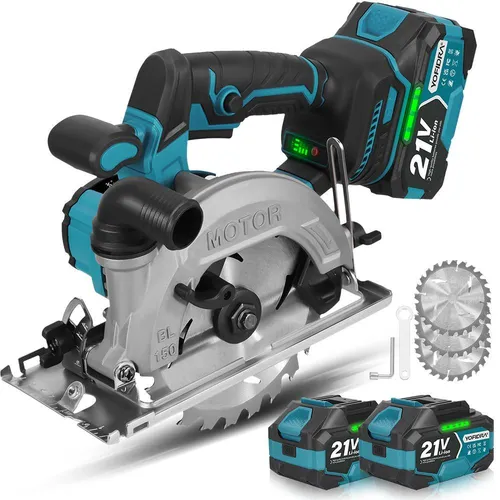 Akku-Handkreissäge 150 mm Bürstenlose Kreissägen 6600 U/min mit 2x Akkus, 0-45° Elektrische Kreissägen für Holz, Weichmetall, Plastik, PVC