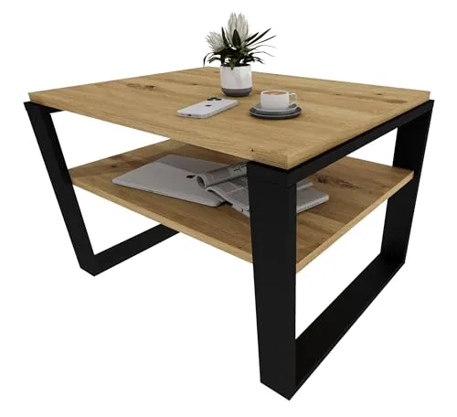 möbelkap Couchtisch 61×51 cm – Wohnzimmertisch aus Holzwerkstoff, Stabiler & moderner Kaffeetisch mit zusätzlicher Ablagefläche – Beistelltisch, Eiche Artisan/Schwarz, rechteckig