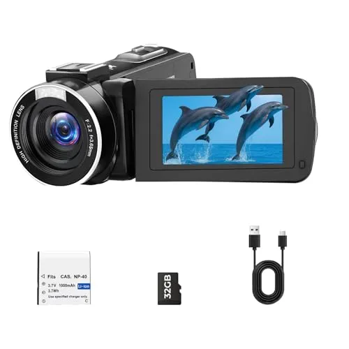 Camcorder Videokamera 2.7K Vlogging Kamera für YouTube 48MP 18X Digitalzoom Digital Camcorder mit LED-Fülllicht, 3