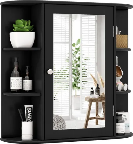 GOPLUS Spiegelschrank Holz mit einzelner Spiegeltür, Badschrank mit 3 inneren verstellbaren Regalen, Hängeschrank fürs Bad, 66 x 63 x 16,5 cm