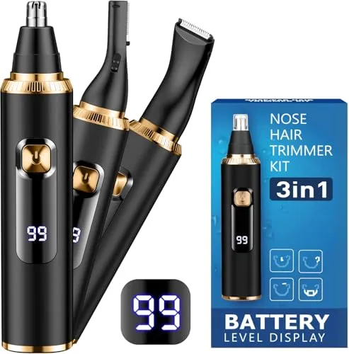 Nasenhaartrimmer Herren, 3 In 1 Nasenhaarschneider mit LED Akku Anzeige,USB-C Nasentrimmer Ohrhaartrimmer Augenbrauenrasierer,für Männer & Frauen,Gesichtshaarentferner Doppelklingen Schmerzfreier IPX7