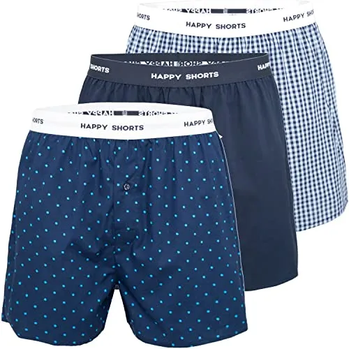 Happy Shorts 3er Pack Herren American Boxer Boxershorts - Herren-Boxershorts in verschiedenen Designs, aus 100% Baumwolle für optimalen Tragekomfort und Bewegungsfreiheit. Knöpfbarer Eingriff und hautsympathisches Material sorgen für einen sicheren Halt.