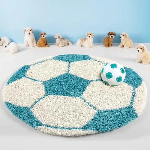 Teppium Kinderteppich Hochflor 100 cm Rund Türkis - Fussball Teppich für Jungen und Mädchen, Extra Weich, Flauschig und 30 mm Florhöhe - Runder Teppiche fürs Kinderzimmer, Babyzimmer und Spielzimmer