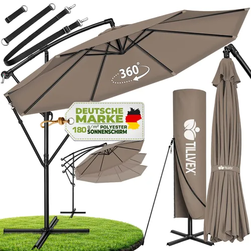 tillvex Sonnenschirm Cappuccino Ø 300 cm – Neigbarer Ampelschirm mit Kurbel