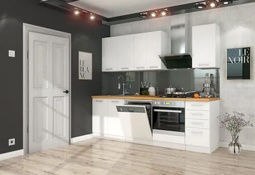 Küche Eko White Basic 240cm - Weiße Küchenzeile für optimalen Stauraum - Küchenzeilen - Die Eko White Basic bietet mit 240 cm viel Stauraum und ein edles, mattes Design, ideal für kleine Wohnungen oder Singles.