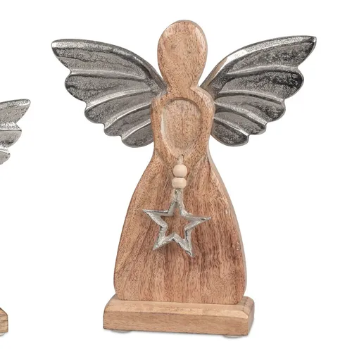 Dekofigur Engel mit Stern H. 22cm silber natur Alu Mangoholz Formano